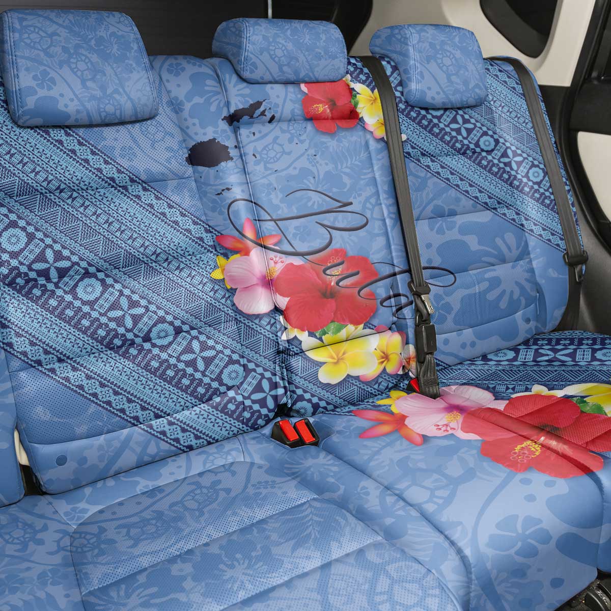 Bula Fiji Hibiscus and Plumeria Flowers Back Car Seat Cover Tapa Tattoo Polynesian Pattern