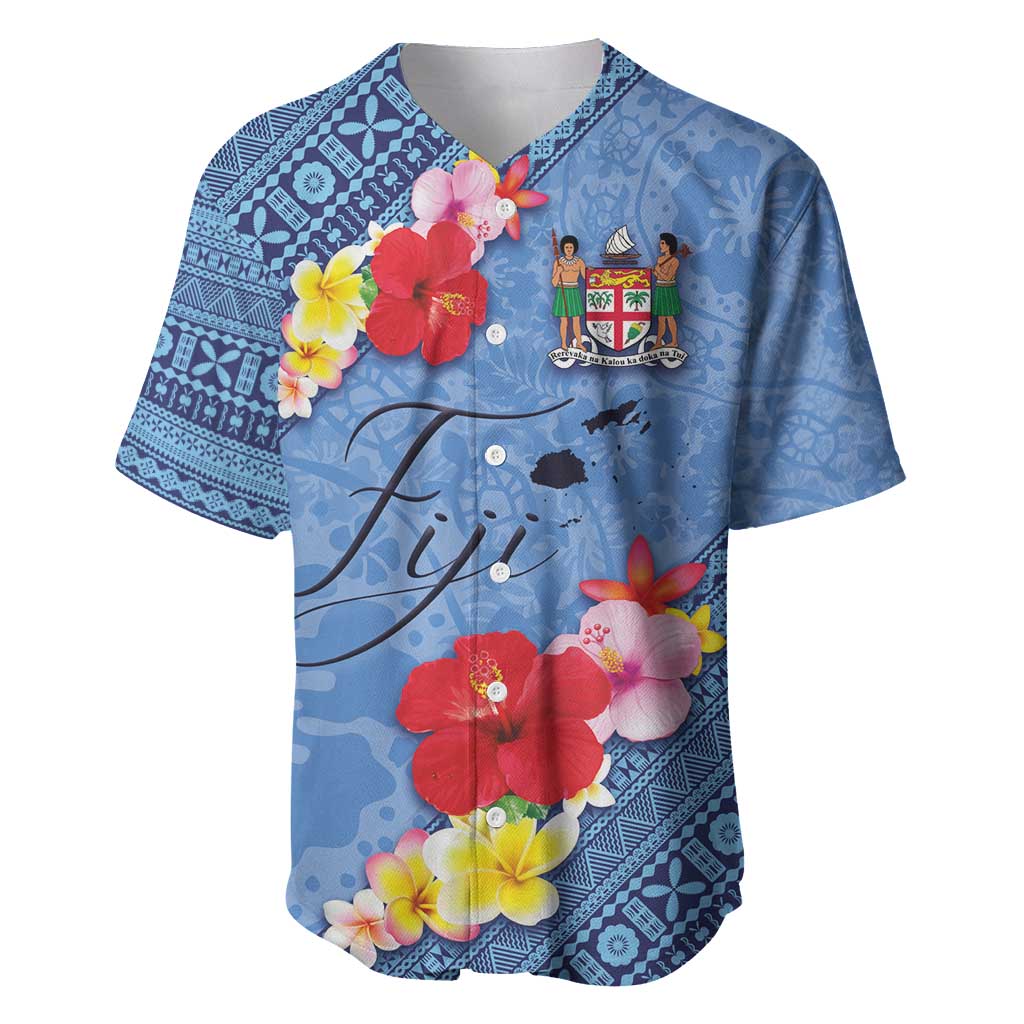 Bula Fiji Hibiscus and Plumeria Flowers Baseball Jersey Tapa Tattoo Polynesian Pattern