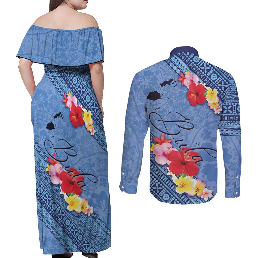 Bula Fiji Hibiscus and Plumeria Flowers Couples Matching Off Shoulder Maxi Dress and Long Sleeve Button Shirt Tapa Tattoo Polynesian Pattern