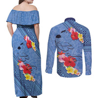 Bula Fiji Hibiscus and Plumeria Flowers Couples Matching Off Shoulder Maxi Dress and Long Sleeve Button Shirt Tapa Tattoo Polynesian Pattern