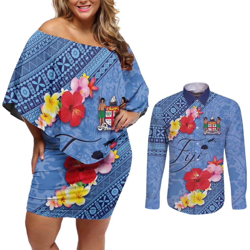 Bula Fiji Hibiscus and Plumeria Flowers Couples Matching Off Shoulder Short Dress and Long Sleeve Button Shirt Tapa Tattoo Polynesian Pattern