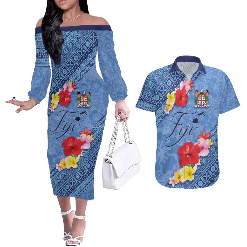 Bula Fiji Hibiscus and Plumeria Flowers Couples Matching Off The Shoulder Long Sleeve Dress and Hawaiian Shirt Tapa Tattoo Polynesian Pattern
