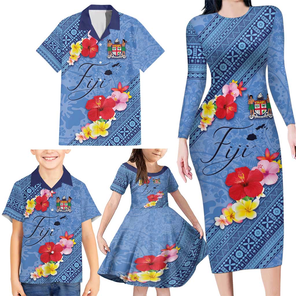 Bula Fiji Hibiscus and Plumeria Flowers Family Matching Long Sleeve Bodycon Dress and Hawaiian Shirt Tapa Tattoo Polynesian Pattern