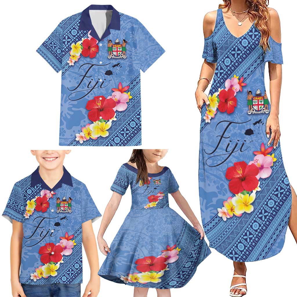 Bula Fiji Hibiscus and Plumeria Flowers Family Matching Summer Maxi Dress and Hawaiian Shirt Tapa Tattoo Polynesian Pattern