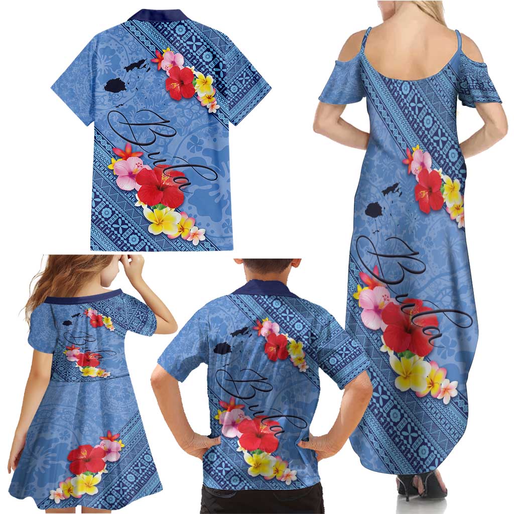 Bula Fiji Hibiscus and Plumeria Flowers Family Matching Summer Maxi Dress and Hawaiian Shirt Tapa Tattoo Polynesian Pattern