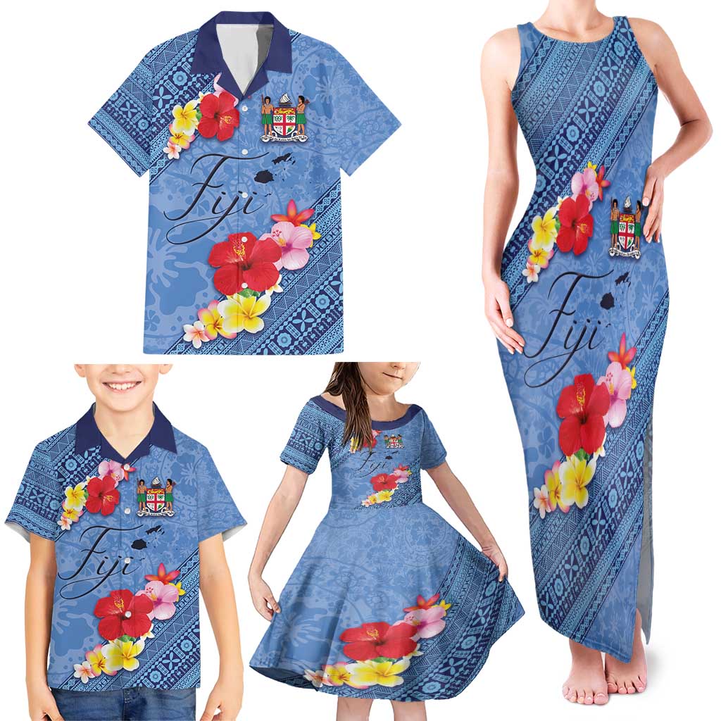 Bula Fiji Hibiscus and Plumeria Flowers Family Matching Tank Maxi Dress and Hawaiian Shirt Tapa Tattoo Polynesian Pattern