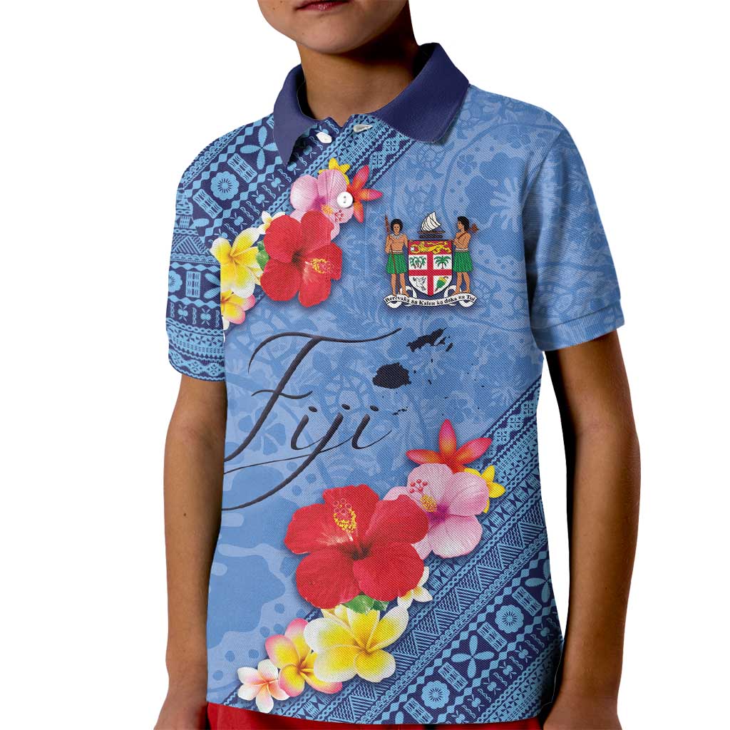 Bula Fiji Hibiscus and Plumeria Flowers Kid Polo Shirt Tapa Tattoo Polynesian Pattern