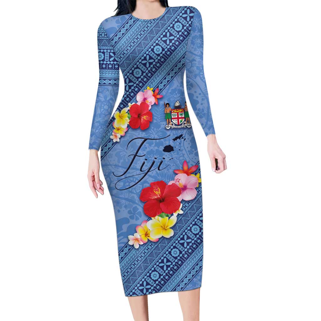 Bula Fiji Hibiscus and Plumeria Flowers Long Sleeve Bodycon Dress Tapa Tattoo Polynesian Pattern
