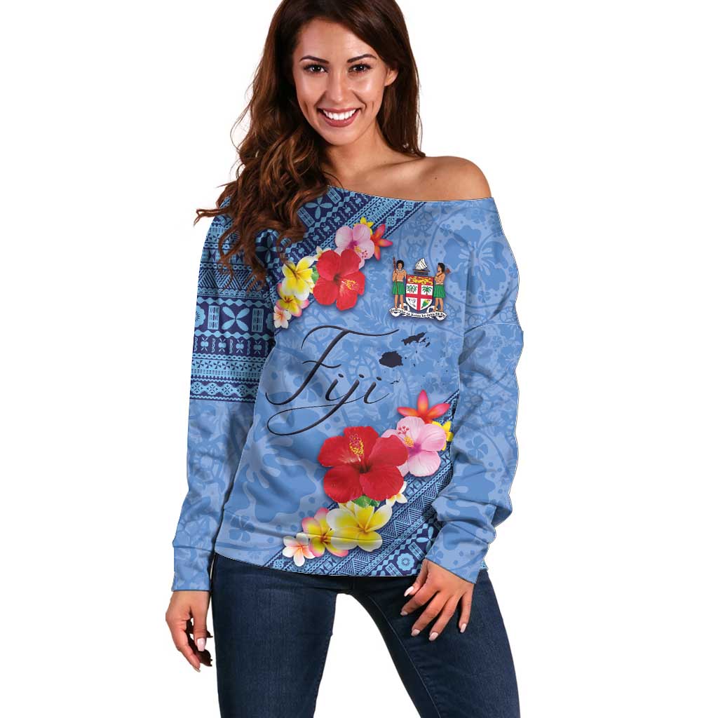 Bula Fiji Hibiscus and Plumeria Flowers Off Shoulder Sweater Tapa Tattoo Polynesian Pattern