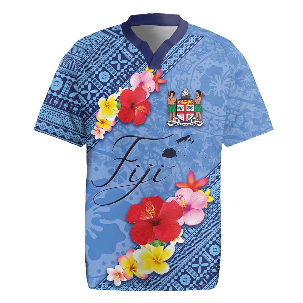 Bula Fiji Hibiscus and Plumeria Flowers Rugby Jersey Tapa Tattoo Polynesian Pattern