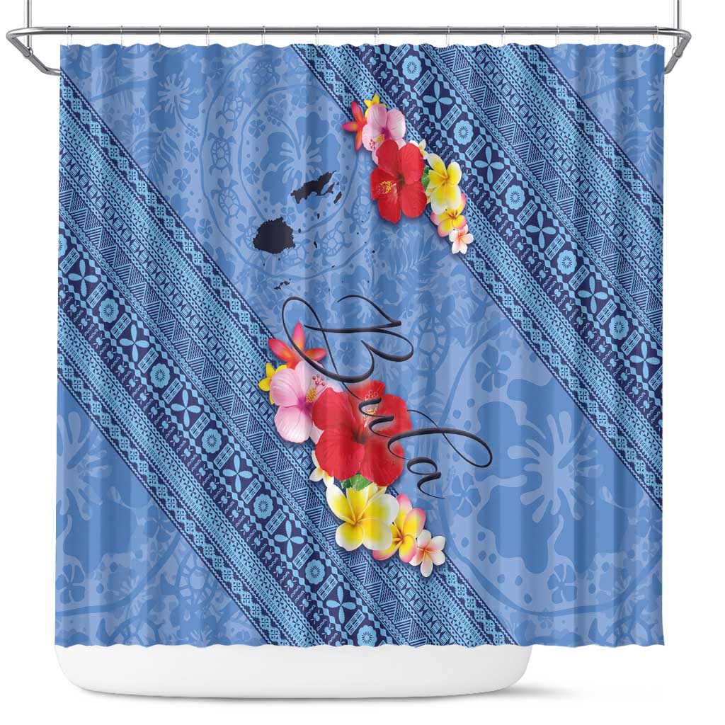Bula Fiji Hibiscus and Plumeria Flowers Shower Curtain Tapa Tattoo Polynesian Pattern