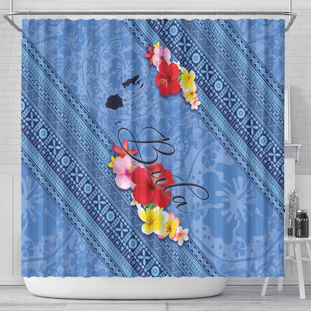 Bula Fiji Hibiscus and Plumeria Flowers Shower Curtain Tapa Tattoo Polynesian Pattern