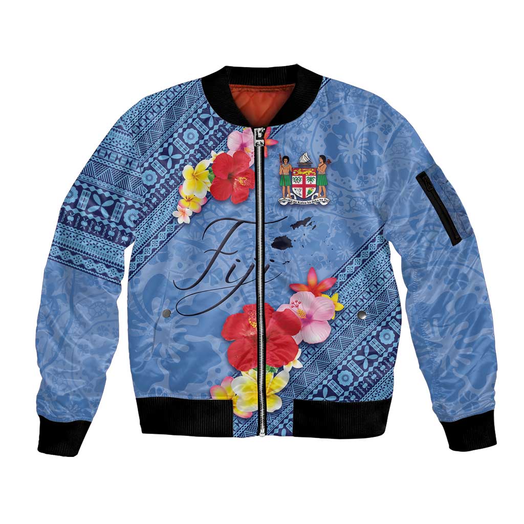 Bula Fiji Hibiscus and Plumeria Flowers Sleeve Zip Bomber Jacket Tapa Tattoo Polynesian Pattern