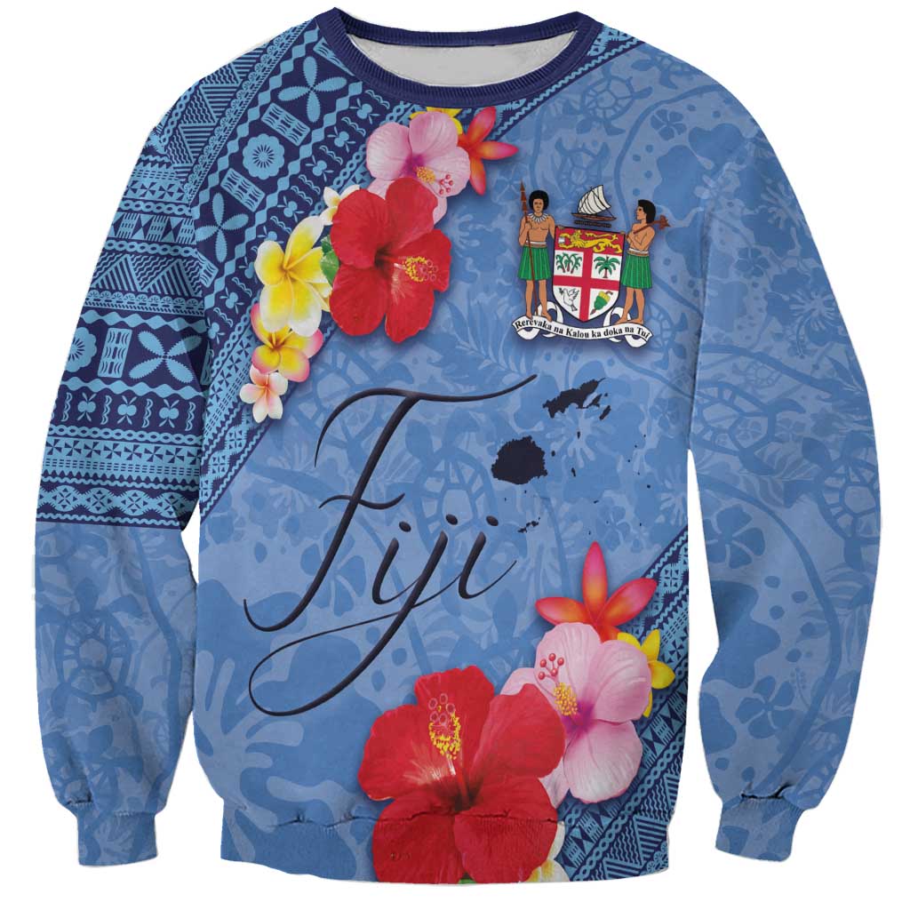 Bula Fiji Hibiscus and Plumeria Flowers Sweatshirt Tapa Tattoo Polynesian Pattern