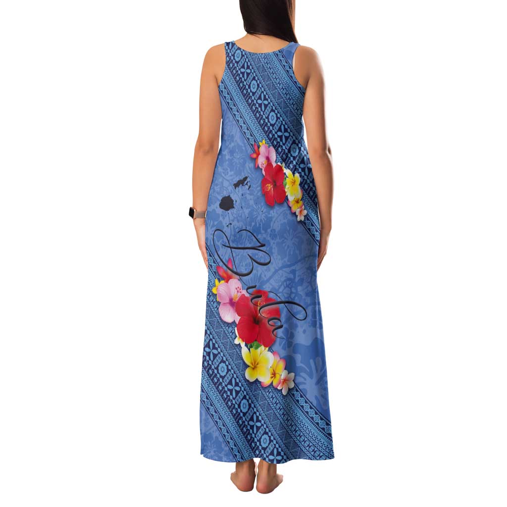 Bula Fiji Hibiscus and Plumeria Flowers Tank Maxi Dress Tapa Tattoo Polynesian Pattern