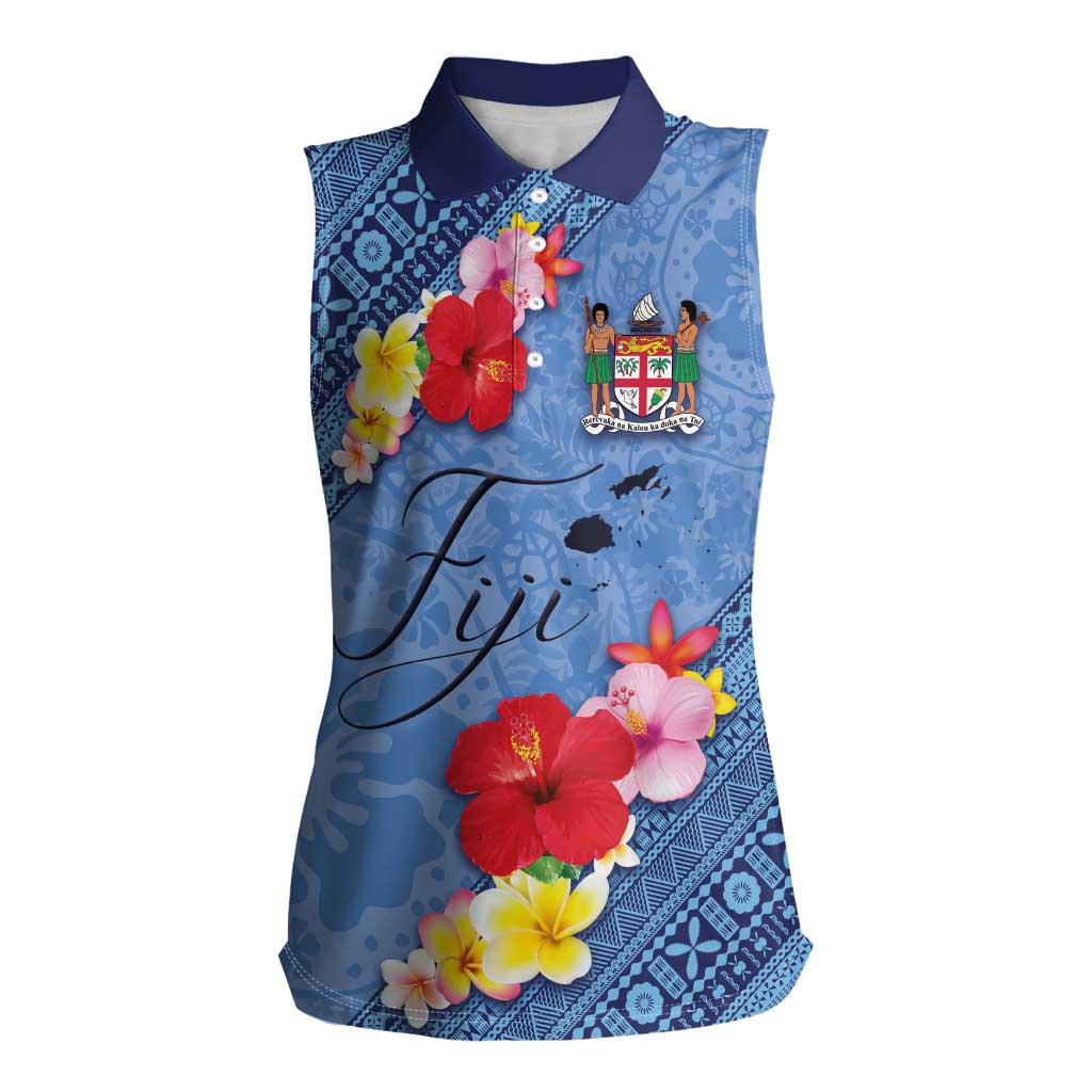 Bula Fiji Hibiscus and Plumeria Flowers Women Sleeveless Polo Shirt Tapa Tattoo Polynesian Pattern