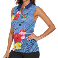 Bula Fiji Hibiscus and Plumeria Flowers Women Sleeveless Polo Shirt Tapa Tattoo Polynesian Pattern