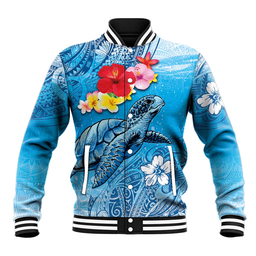 Hawaii Sea Turtle and Tropical Flowers Baseball Jacket Polynesian Tattoo Undersea Vibe LT03 Unisex Blue - Polynesian Pride