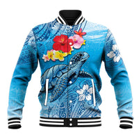 Hawaii Sea Turtle and Tropical Flowers Baseball Jacket Polynesian Tattoo Undersea Vibe LT03 Unisex Blue - Polynesian Pride