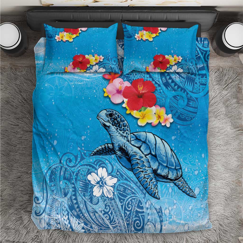 Hawaii Sea Turtle and Tropical Flowers Bedding Set Polynesian Tattoo Undersea Vibe