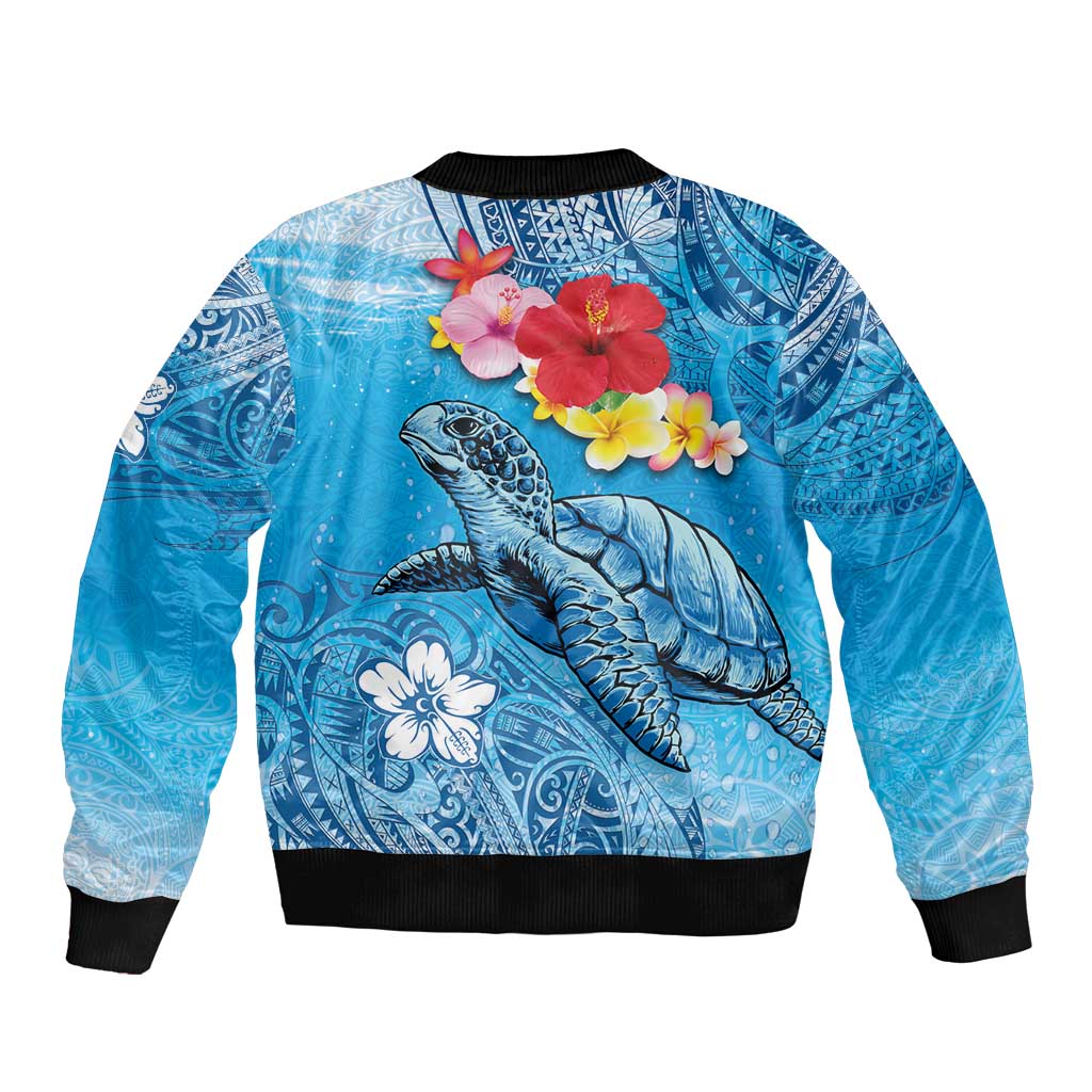 Hawaii Sea Turtle and Tropical Flowers Bomber Jacket Polynesian Tattoo Undersea Vibe