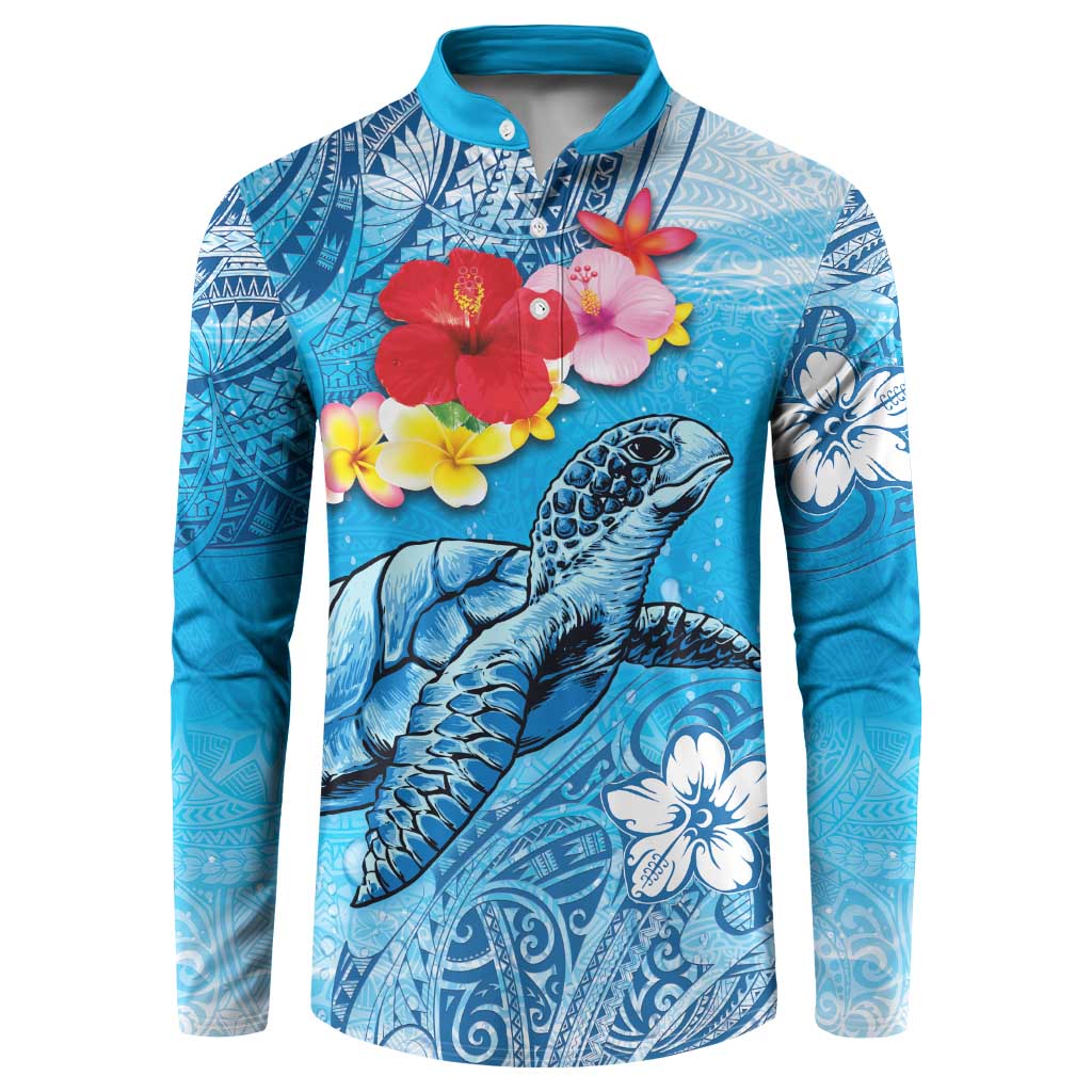 Hawaii Sea Turtle and Tropical Flowers Button Sweatshirt Polynesian Tattoo Undersea Vibe LT03 Blue - Polynesian Pride