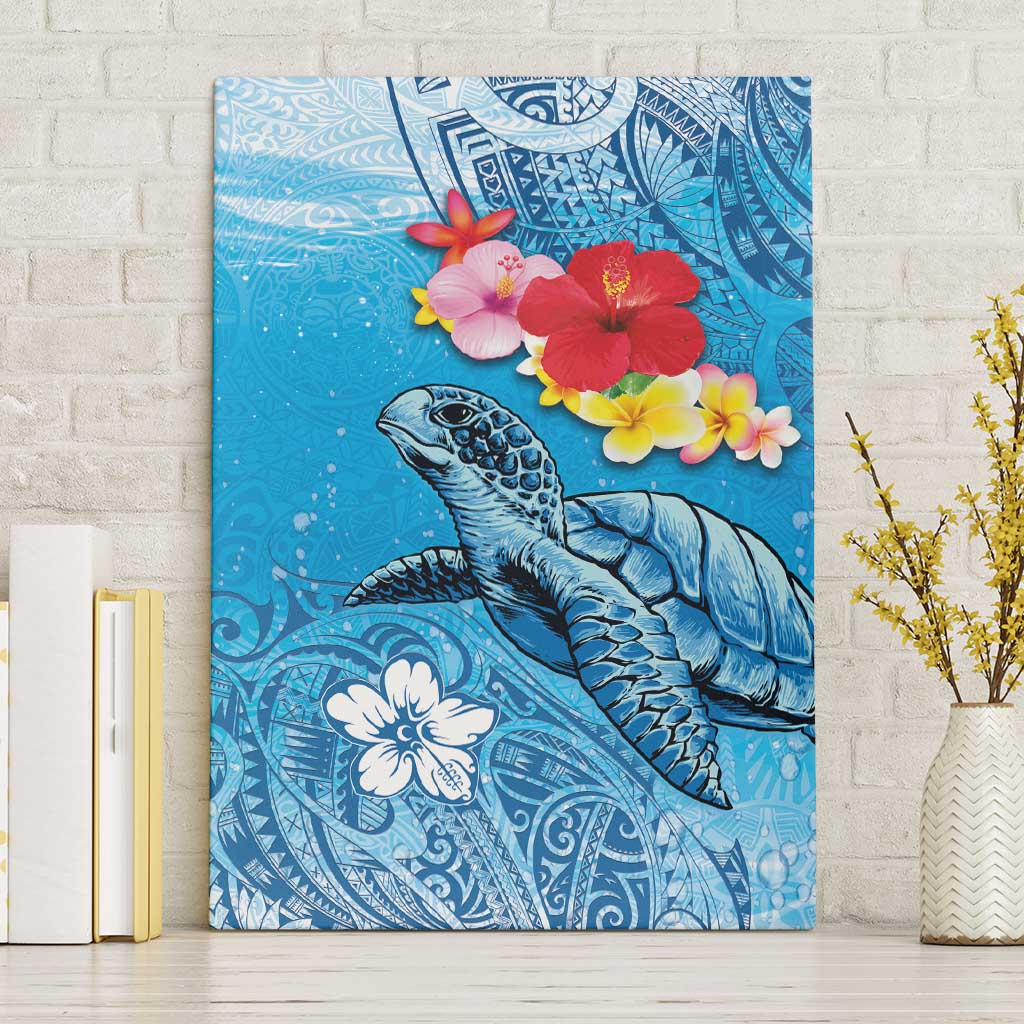 Hawaii Sea Turtle and Tropical Flowers Canvas Wall Art Polynesian Tattoo Undersea Vibe LT03 Without Frame Blue - Polynesian Pride