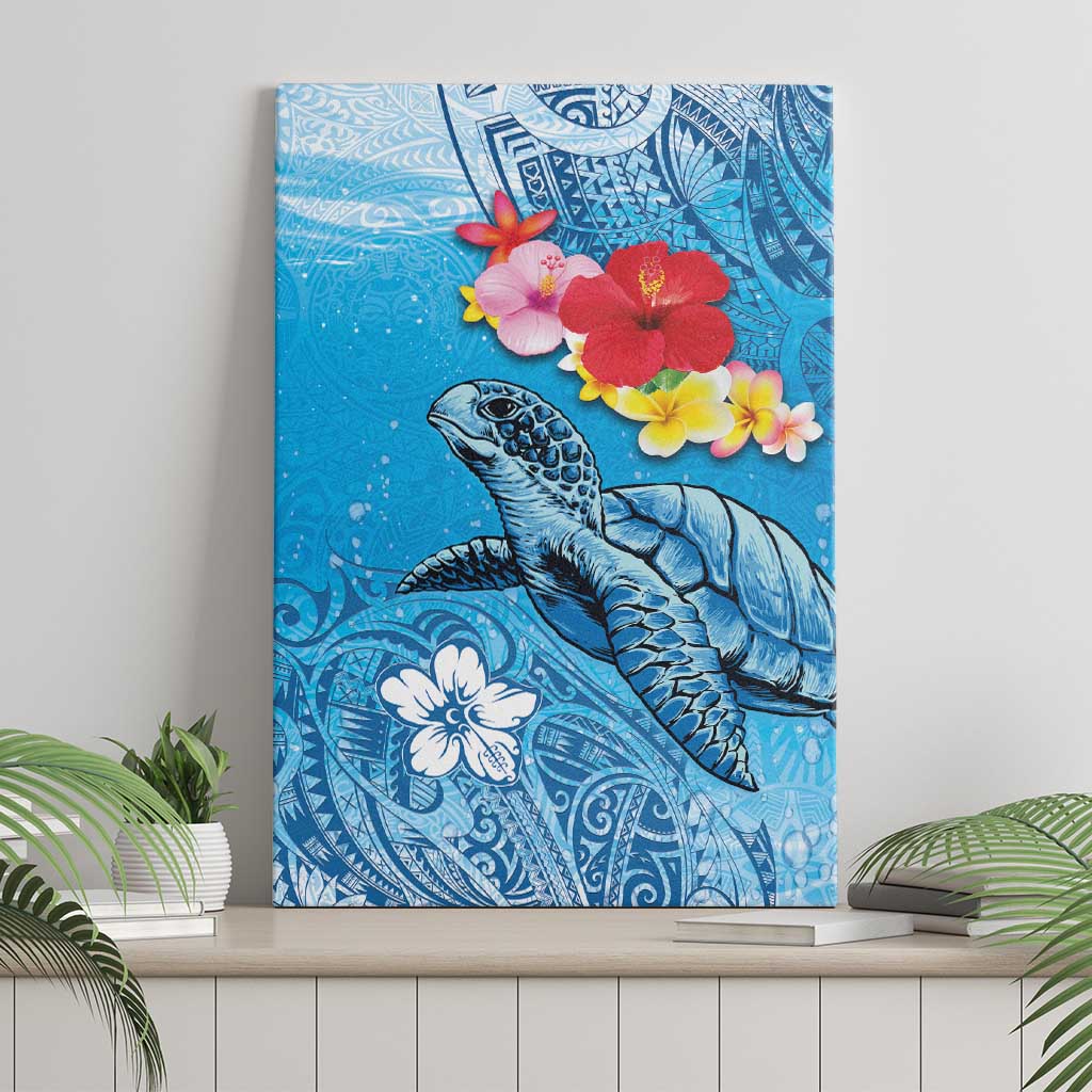 Hawaii Sea Turtle and Tropical Flowers Canvas Wall Art Polynesian Tattoo Undersea Vibe LT03 - Polynesian Pride