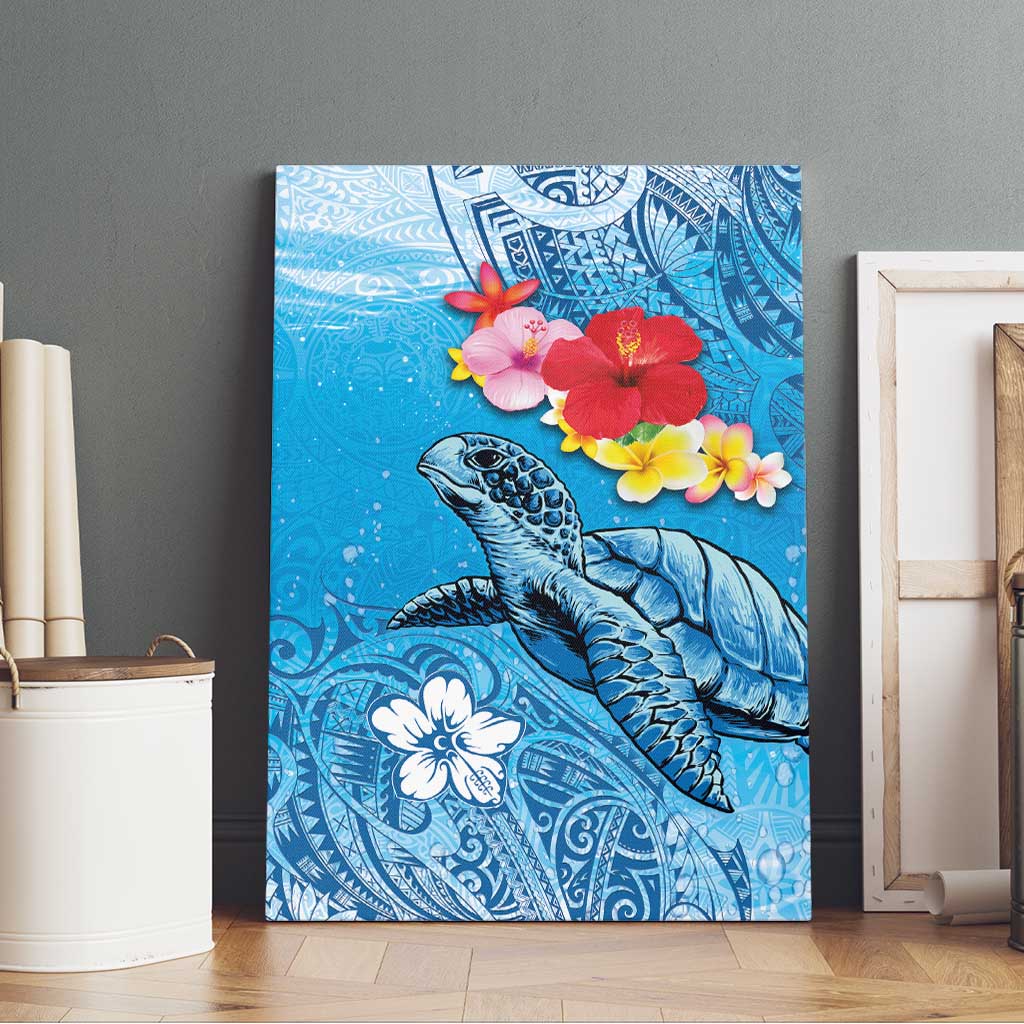 Hawaii Sea Turtle and Tropical Flowers Canvas Wall Art Polynesian Tattoo Undersea Vibe LT03 - Polynesian Pride
