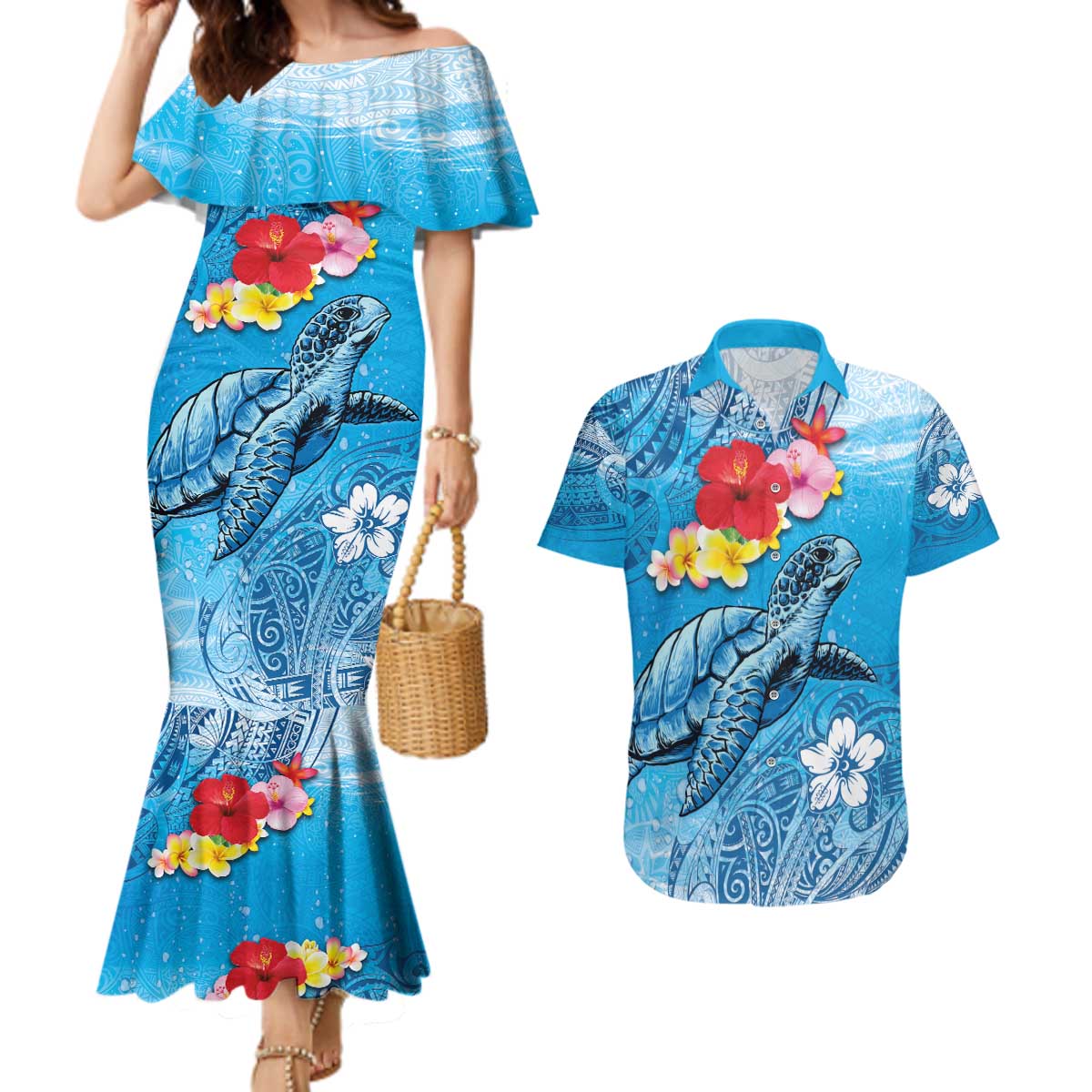 Hawaii Sea Turtle and Tropical Flowers Couples Matching Mermaid Dress and Hawaiian Shirt Polynesian Tattoo Undersea Vibe