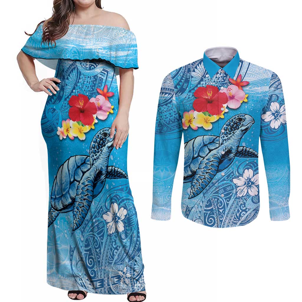Hawaii Sea Turtle and Tropical Flowers Couples Matching Off Shoulder Maxi Dress and Long Sleeve Button Shirt Polynesian Tattoo Undersea Vibe LT03 Blue - Polynesian Pride