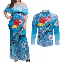 Hawaii Sea Turtle and Tropical Flowers Couples Matching Off Shoulder Maxi Dress and Long Sleeve Button Shirt Polynesian Tattoo Undersea Vibe