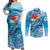 Hawaii Sea Turtle and Tropical Flowers Couples Matching Off Shoulder Maxi Dress and Long Sleeve Button Shirt Polynesian Tattoo Undersea Vibe
