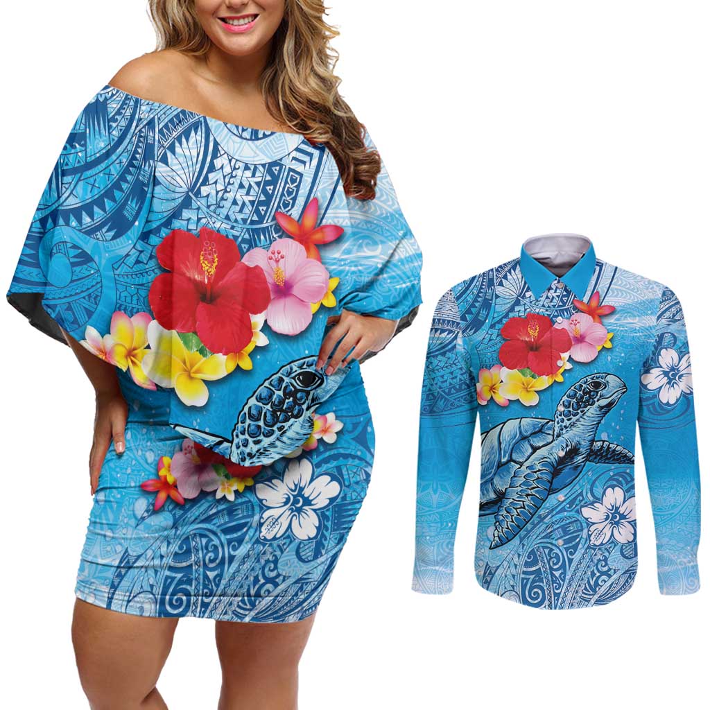 Hawaii Sea Turtle and Tropical Flowers Couples Matching Off Shoulder Short Dress and Long Sleeve Button Shirt Polynesian Tattoo Undersea Vibe LT03 Blue - Polynesian Pride