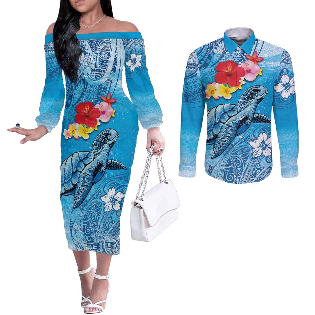 Hawaii Sea Turtle and Tropical Flowers Couples Matching Off The Shoulder Long Sleeve Dress and Long Sleeve Button Shirt Polynesian Tattoo Undersea Vibe