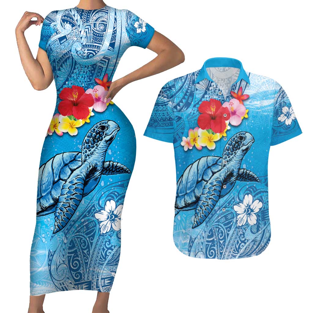 Hawaii Sea Turtle and Tropical Flowers Couples Matching Short Sleeve Bodycon Dress and Hawaiian Shirt Polynesian Tattoo Undersea Vibe LT03 Blue - Polynesian Pride