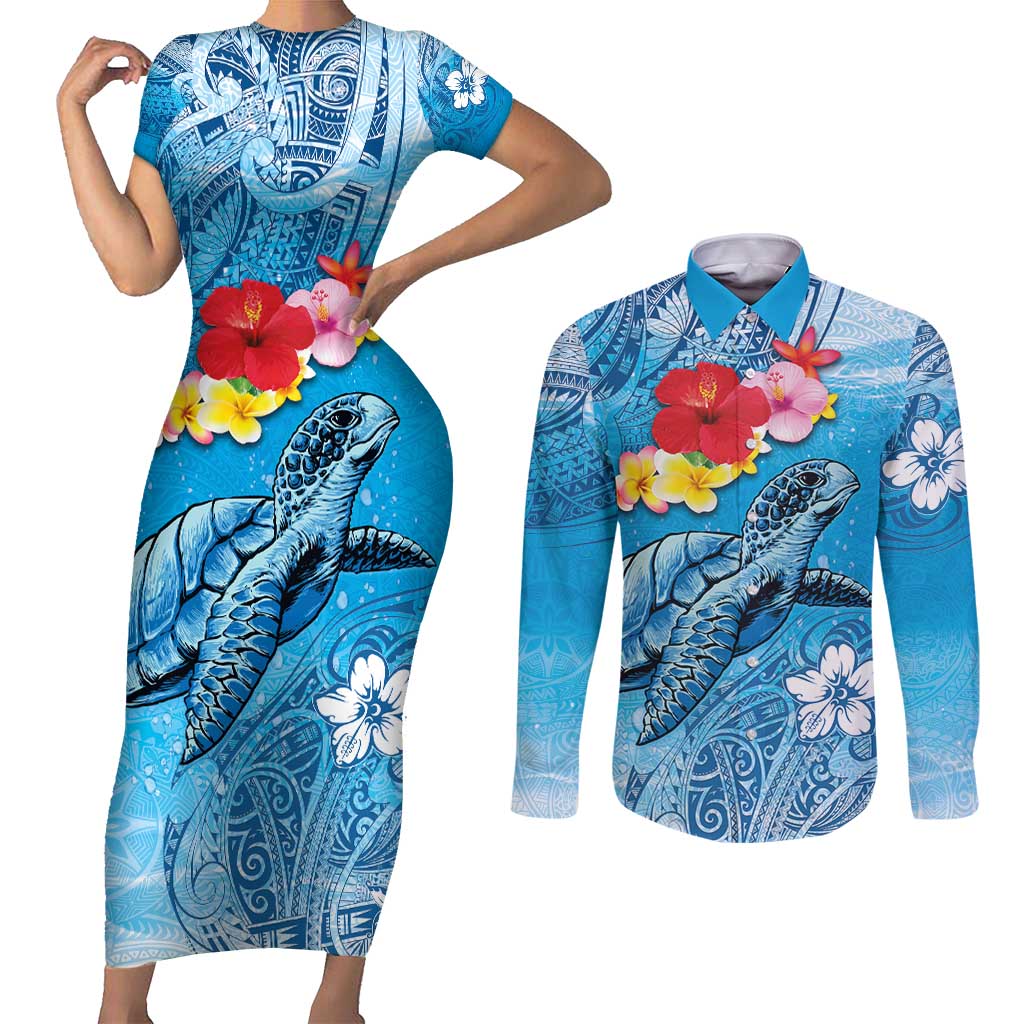 Hawaii Sea Turtle and Tropical Flowers Couples Matching Short Sleeve Bodycon Dress and Long Sleeve Button Shirt Polynesian Tattoo Undersea Vibe LT03 Blue - Polynesian Pride