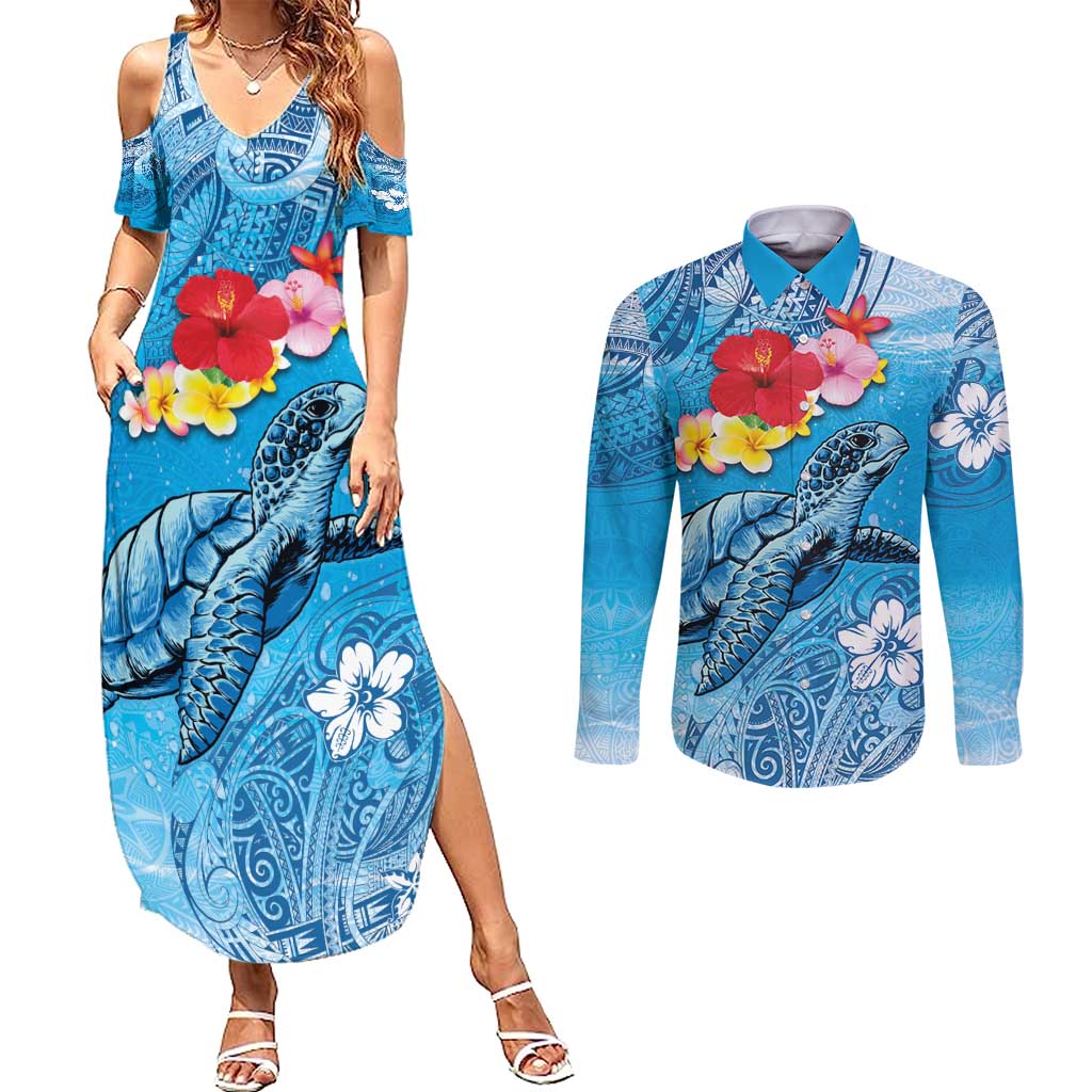 Hawaii Sea Turtle and Tropical Flowers Couples Matching Summer Maxi Dress and Long Sleeve Button Shirt Polynesian Tattoo Undersea Vibe LT03 Blue - Polynesian Pride
