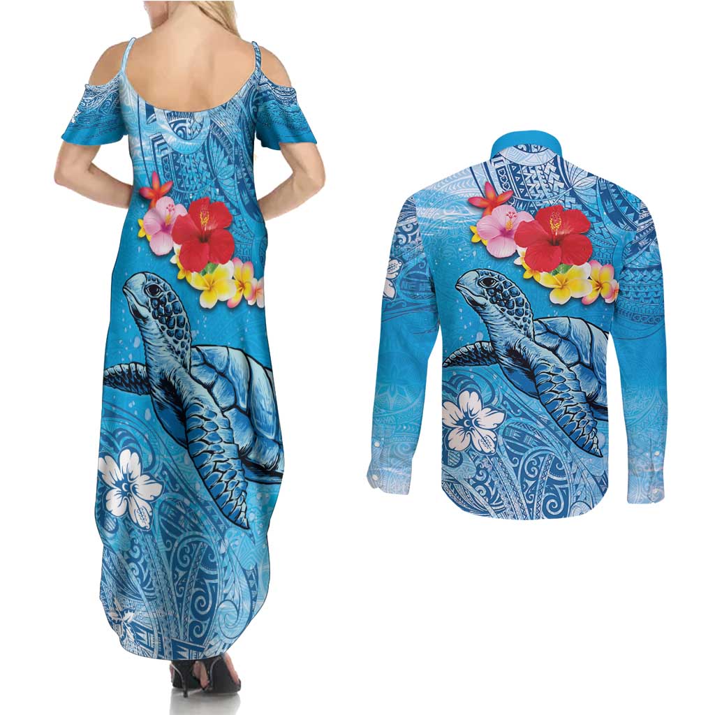Hawaii Sea Turtle and Tropical Flowers Couples Matching Summer Maxi Dress and Long Sleeve Button Shirt Polynesian Tattoo Undersea Vibe LT03 - Polynesian Pride
