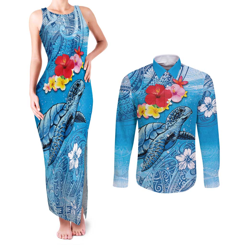 Hawaii Sea Turtle and Tropical Flowers Couples Matching Tank Maxi Dress and Long Sleeve Button Shirt Polynesian Tattoo Undersea Vibe LT03 Blue - Polynesian Pride