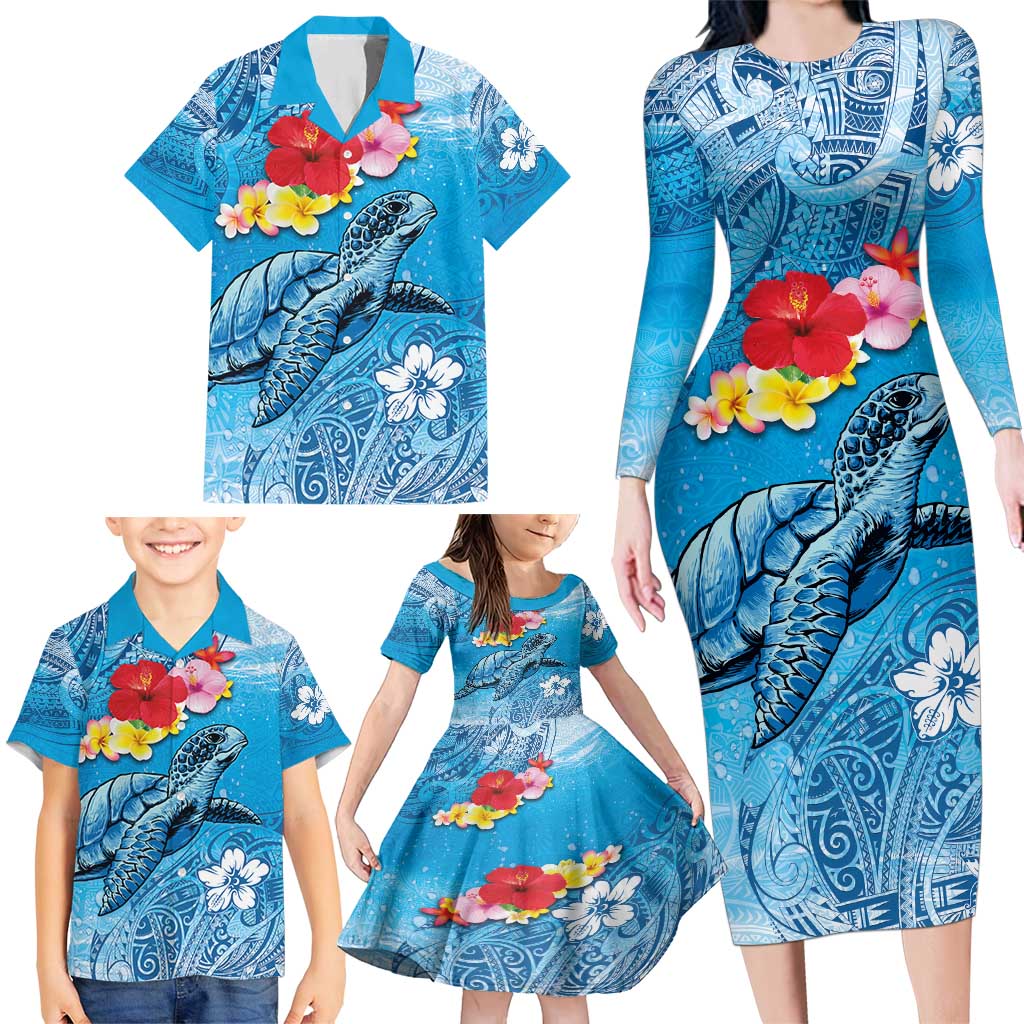 Hawaii Sea Turtle and Tropical Flowers Family Matching Long Sleeve Bodycon Dress and Hawaiian Shirt Polynesian Tattoo Undersea Vibe