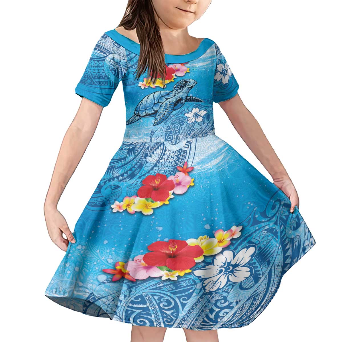 Hawaii Sea Turtle and Tropical Flowers Family Matching Off The Shoulder Long Sleeve Dress and Hawaiian Shirt Polynesian Tattoo Undersea Vibe