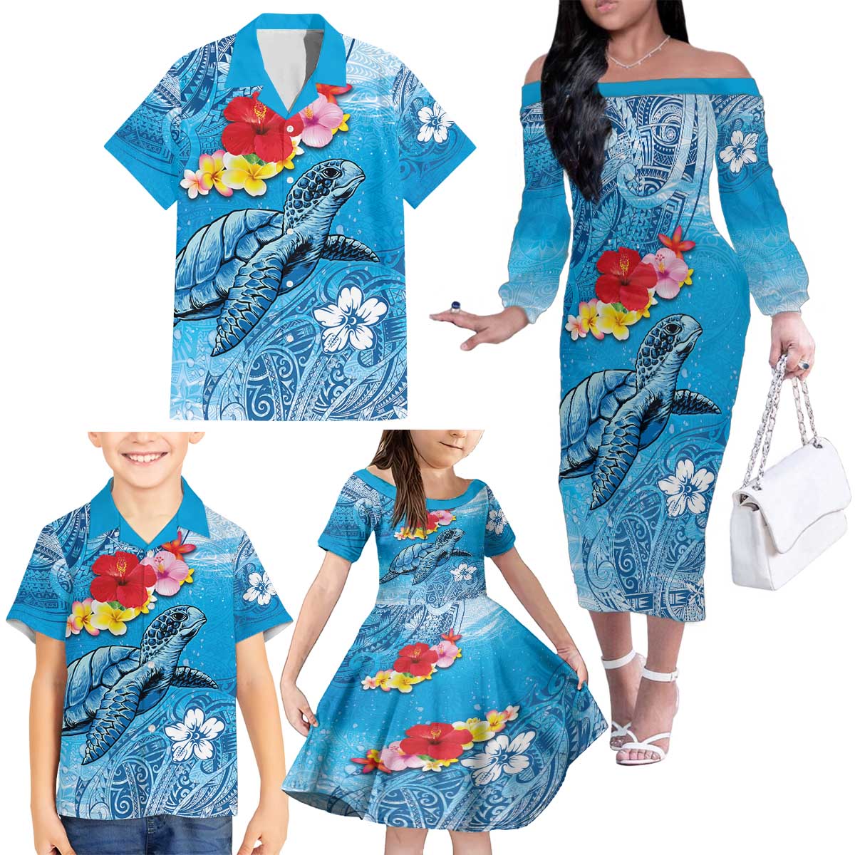 Hawaii Sea Turtle and Tropical Flowers Family Matching Off The Shoulder Long Sleeve Dress and Hawaiian Shirt Polynesian Tattoo Undersea Vibe