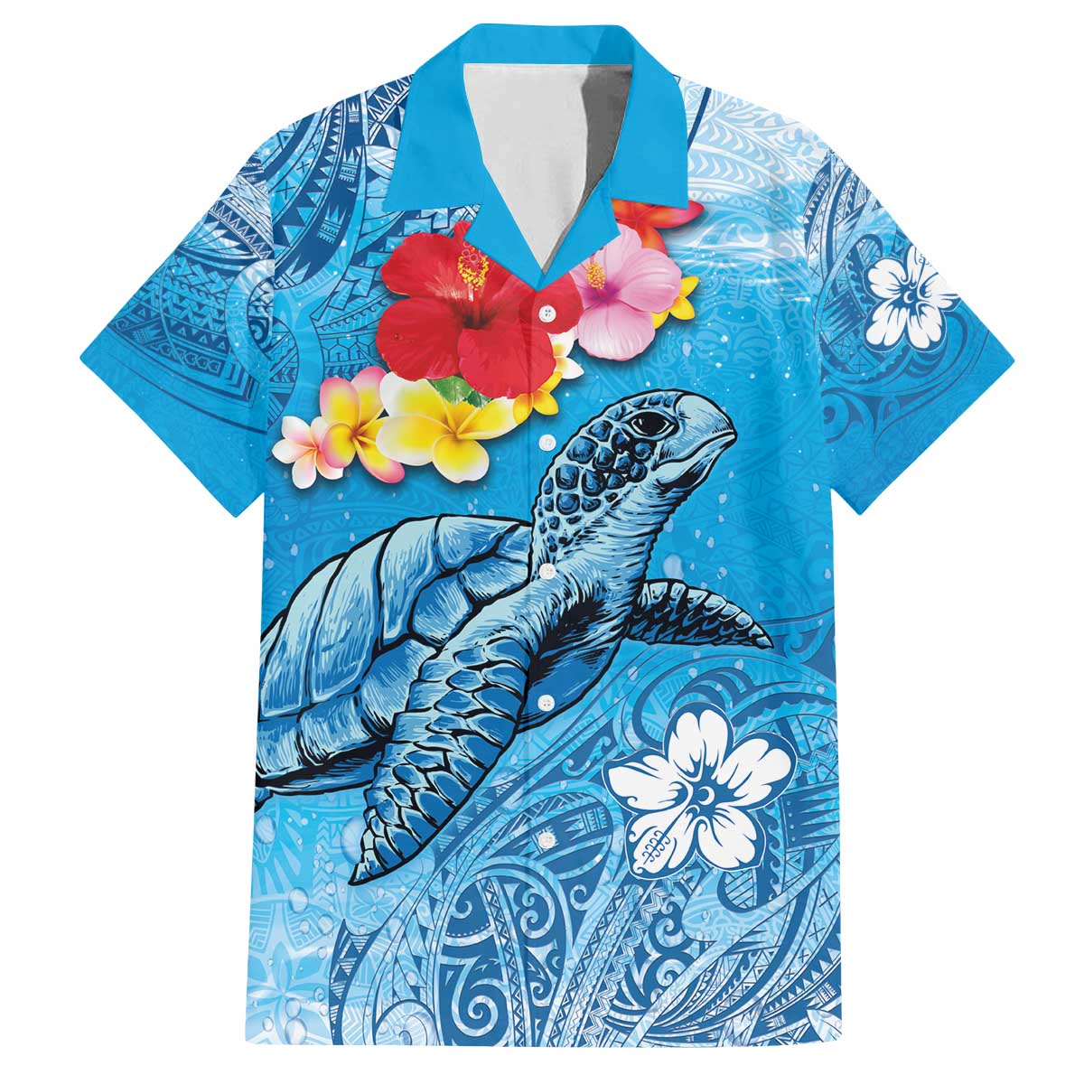 Hawaii Sea Turtle and Tropical Flowers Family Matching Off The Shoulder Long Sleeve Dress and Hawaiian Shirt Polynesian Tattoo Undersea Vibe