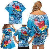 Hawaii Sea Turtle and Tropical Flowers Family Matching Off Shoulder Short Dress and Hawaiian Shirt Polynesian Tattoo Undersea Vibe