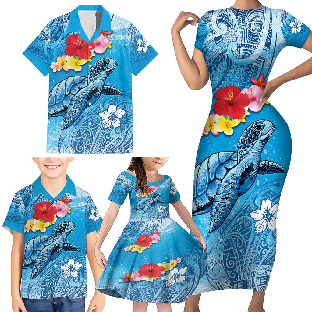 Hawaii Sea Turtle and Tropical Flowers Family Matching Short Sleeve Bodycon Dress and Hawaiian Shirt Polynesian Tattoo Undersea Vibe LT03 - Polynesian Pride