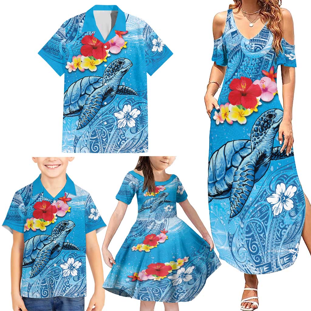 Hawaii Sea Turtle and Tropical Flowers Family Matching Summer Maxi Dress and Hawaiian Shirt Polynesian Tattoo Undersea Vibe