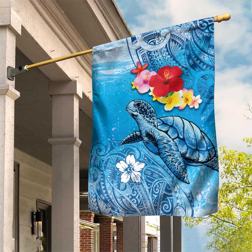 Hawaii Sea Turtle and Tropical Flowers Garden Flag Polynesian Tattoo Undersea Vibe LT03 House Flag Blue - Polynesian Pride
