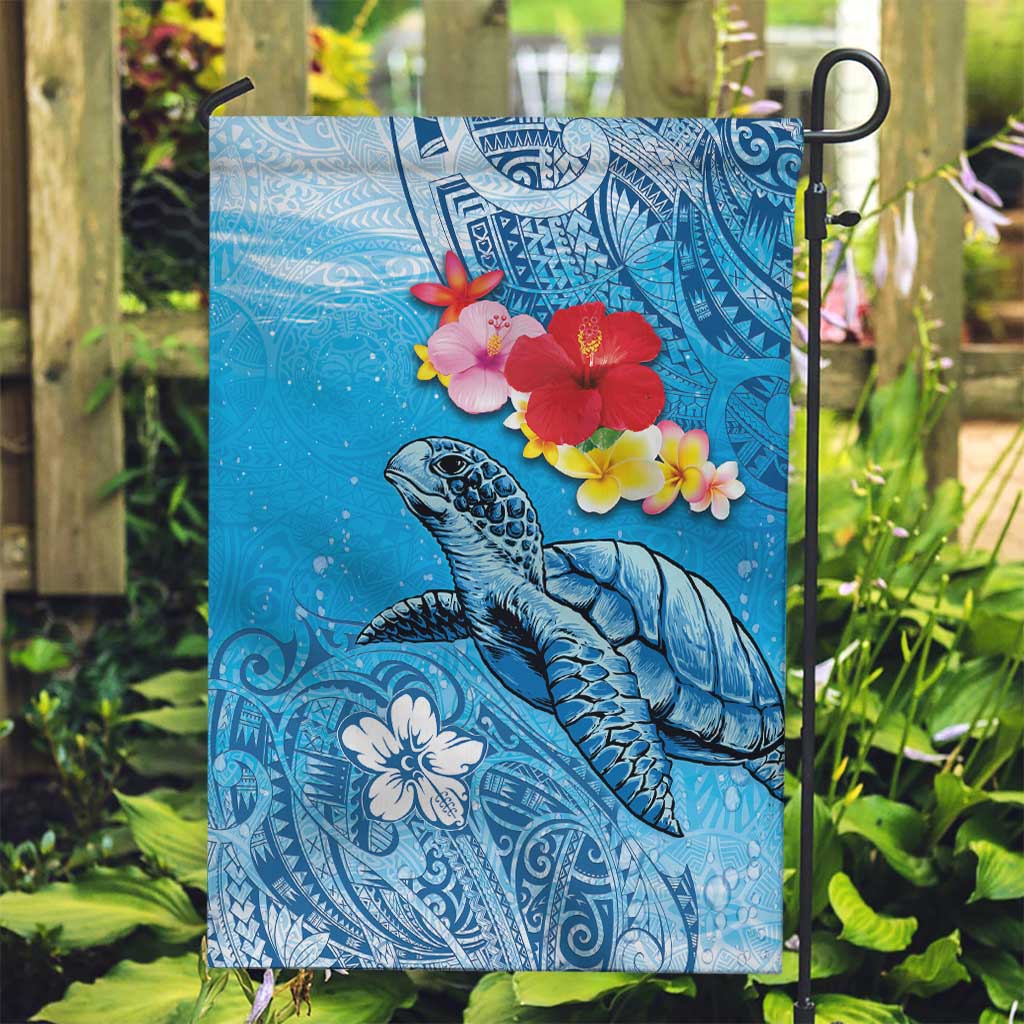 Hawaii Sea Turtle and Tropical Flowers Garden Flag Polynesian Tattoo Undersea Vibe LT03 Garden Flag Blue - Polynesian Pride