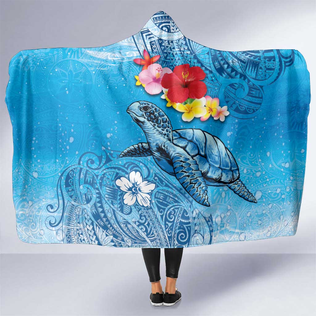 Hawaii Sea Turtle and Tropical Flowers Hooded Blanket Polynesian Tattoo Undersea Vibe LT03 One Size Blue - Polynesian Pride